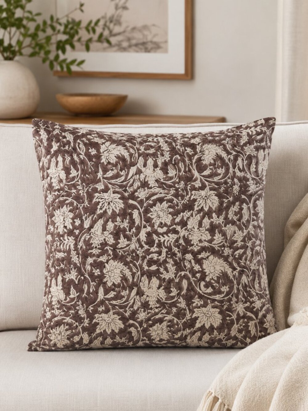 FIOUOVO Brown Cream Floral Pillow Cover 18x18 Block Print
